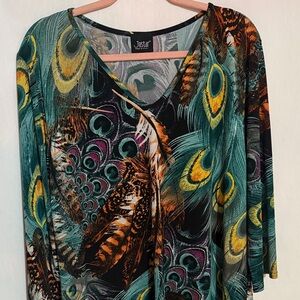 Jostar Women's Multicolor Peacock Print Top, Size 1X, EUC, MAKE AN OFFER!!!
